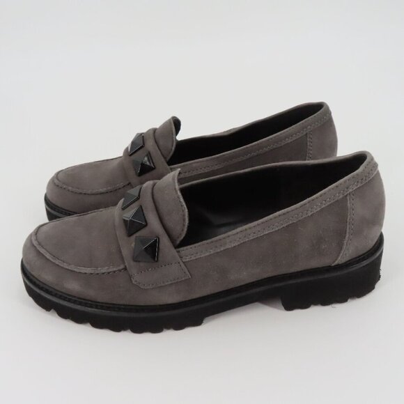 Gabor Womens 6.5 Gray Suede Leather Black Pyramid Stud Chunky Lug Sole Loafers - Picture 4 of 11